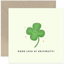 Old English Co. Good Luck Unviersity Card - Good Luck Starting University Year 1 - Four Leaf Clover - Back To Uni Card - Gifts Congratulations Card - Congratulations Card