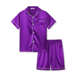 Tebbis Satin Pajamas for Girls -Dark Purple Cute Silky Summer Shorts Soft PJ Set Size 8