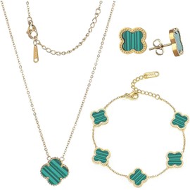 Four Leaf Clover Jewelry,3pcs Lucky Four Leaf Clover Jewelry Set Stylish Simplicity Gold-Plated Bracelet, Necklace, Earrings Set Women's Gift（Green）