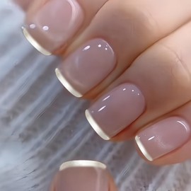 Silver French Tip Press on Nails Short Square Petite Fake Nails Reusable False Nails Full Cover Nude Pink Glossy Glue on Nails Acrylic Nails Stick on Nails for Women Girls 24Pcs