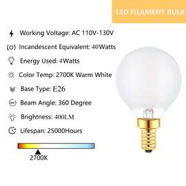 Sunaiony G16.5 Light Bulb 40 Watt Equivalent E12 Candelabra Base Globe LED Bulbs, E12 LED Globe Bulb Dimmable 4W 2700K Warm White Frosted Glass, 6 Pack