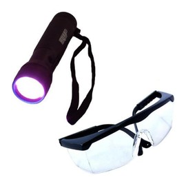 HQRP 365 nm 12 LED Blacklight Flashlight and Protecting Safety Glasses with Clear Lens for Find Spots Oil, Paint, Blood on The Surface