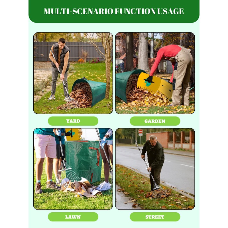 Adjustable Metal Leaf Rake Set Garden Rake for Leaves Long