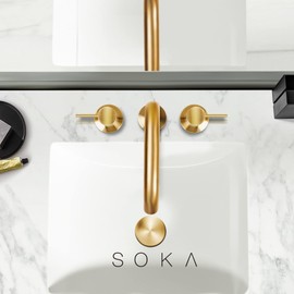 SOKA 8-16 Inch Widespread Bathroom Faucet 2 Handles Gold Commercial Sink Touch Faucets 3 Pieces Vanity Restroom Lavatory 360 Degree Rotating Faucet with Pop Up Drain Assembly,Gold - L