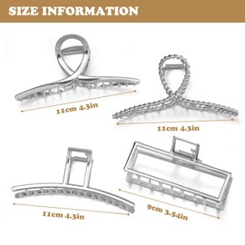 Parcce 4 Pack Large Metal Hair Clips for Thin to Thick Curly Hair, 4.3 Inch Big Nonslip Silver Color Clamps, Perfect Fashion Jaw Claw Hair Styling Accessories for Women and Girls