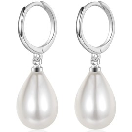 MASOP Pearl Hoop Earrings Silver 925 / Gold Earrings Pearls Gold-Plated for Women Girls, Silver