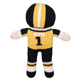 Zubels Baby Boys’ Hand-Knit Football Player Plush Toy, All-Natural Fibers, Eco-Friendly, Gold & Black, 7-Inch Rattle