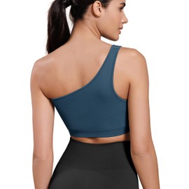 ODODOS Seamless One Shoulder Sports Bra for Women Ribbed Asymmetrical Non Padded Yoga Crop Tank Tops, Ocran, Medium