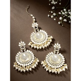 Aheli Classic Gold Toned Plated Kundan Pearl Studded Chandbali Maang Tikka with Earring Set Jewelry Gift for Women White