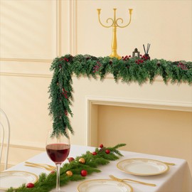 ENVEN Artificial Cedar Christmas Garland with Pine Cones and Red Berries – Realistic Greenery Holiday Garland for Mantel, Fireplace, Front Door, Indoor Outdoor Xmas Decoration (9FT)