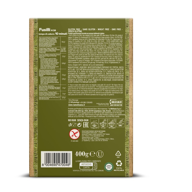La Molisana Gluten Free Fusilli N.28, 400 Grams