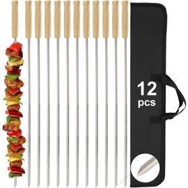 SHIKORI Professional Kabob Skewers, 24 Inch Heavy Duty Large Wide Reusable BBQ Barbecue Skewers, Stainless Steel Sticks with Nonslip Wooden (V-shape-12 Pcs)