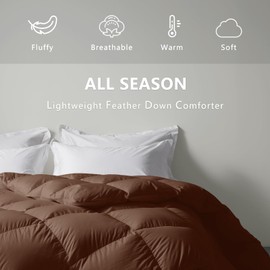 zzlamb Lightweight Feather Down Comforter Brown, All Season Warm Duvet Insert for Queen Bed, Durable Cotton-Blended Down Proof Shell Duvet with Corner Tabs, Queen Size 90''x90'' Brown