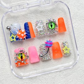 Handmade Press on Nails Short Duck Fake Nails Orange False Nails with Glue,Muti-Layer Gel Thick Press ons Nail Luxury Rhinestone Design Reusable Acrylic Nails for Women(Size S)