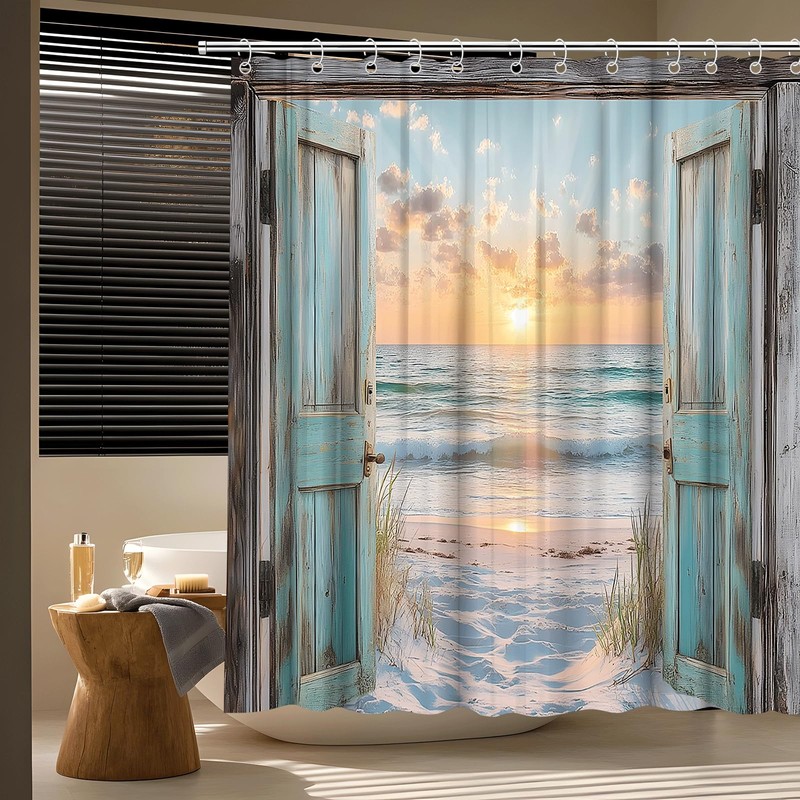 Ocean Beach Teal Barn Door Shower Curtain Hawaiian Sunset Scenery