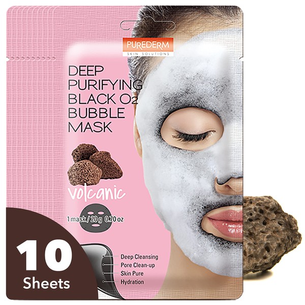 Purederm Volcanic Facial Mask Skin Care (10 Pack) - Bubble Face Sheet Mask for Moisturizing and Hydrating - Rich Collagen and Botanical Extracts Soothe and Illuminate Your Skin - Korean Beauty