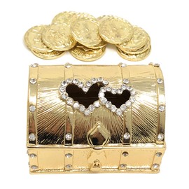 Wedding Unity Coin Set - Arras de Boda - Double Heart Box with Decorative Rhinestone Crystals 68 (Gold)