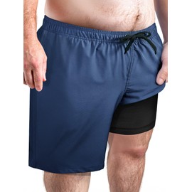 Arcweg Men's Big and Tall Swim Trunks Plus Size Swim Trunks Quick Dry Board Shorts with Compression Liner and Zipper Pockets 4XL, Navy Blue