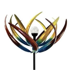 Bits and Pieces Tulip Wind Spinners Outdoor Solar Lighted Metal Wind Spinner, Large Kinetic Garden Sculptures, Crackle Glass Light, Multi-Colored Garden Decor