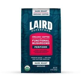 Laird Superfood Peruvian Dark Roast Coffee with Functional Mushrooms, Certified Organic Peruvian Ground Coffee Beans, Gluten-Free, Dairy-Free, Non-GMO, Paleo, Keto Friendly, 20 oz. Bag