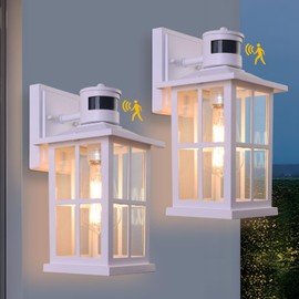 EIKESN 2 Pack Outdoor Motion Sensor Light, White Exterior Lighting Fixtures Sconce, Anti-Rust Dusk to Dawn Outdoor Lighting, Waterproof Front Porch Light Lantern for Garage, Patio, Doorway, Anti-Rust