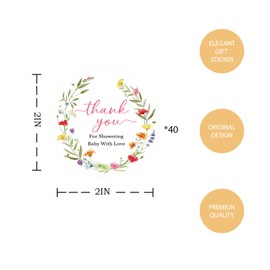 40pcs Little Wildflower Thank You Stickers, Wildfloral Thank You Round Stickers, Watercolor Wildflower Round Labels for Baby Shower/Gender Reveal Party Favors
