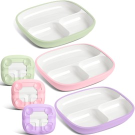 Domensi 3 Set Kids Porcelain Plates with Upgrade Anti-Slip Silicone Sleeves 8.3 Inch Toddler Divided Porcelain Plate Suction Dishes for Baby Eating Microwave Dishwasher Safe (Vivid Color)