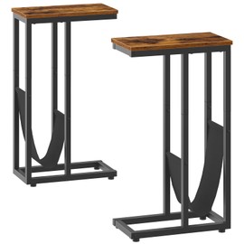 HOOBRO Narrow C Shaped End Table Set of 2 with Fabric Storage, Snack Couch Side Table for Sofa, TV Tray with Metal Frame, for Small Space, for Living Room, Bedroom, Rustic Brown and Black BF69SFP201