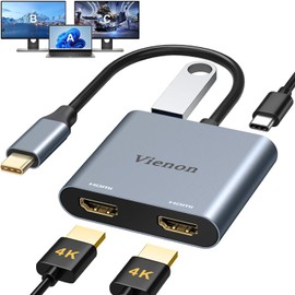 VIENON USB C to Dual HDMI Adapter 4K@60HZ, USB C Hub HDMI Adapter for Dual Monitors with USB-A 3.0, 100W PD Compatible for MacBook Air/Pro, More Thunderbolt 3/4 Laptop