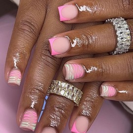 24 Pcs Frosted Pink Press on Nails Short Square - SHANRUN Hot Pink French Fake Nails Press ons Nail Art Tips Glue on Nails Full Cover Artificial Acrylic False Nails with Tiger Stripes Design for Women