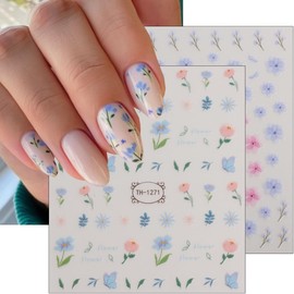 Flower Nail Stickers 3D Tulip Cherry Blossom Nail Art Stickers Self Adhesive Floral Nails Decals Spring Summer Nails Design Supplies Pink Blue White Daisy Flower Sticker for Women DIY Manicure 6Sheets
