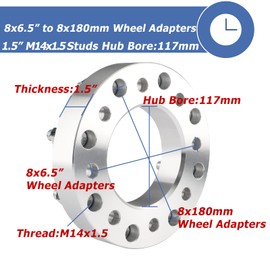 2pcs 8x6.5 to 8x180 Wheel Adapters, 1.5 Inch 8x165.1 to 8x180 Wheel Adapters 117mm Center core for 1999-2010 Silverado Sierra 2500 3500 HD with M14x1.5 Studs, Chrome