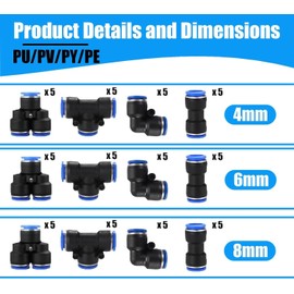 Pack of 60 Pneumatic Connectors, 4/6/8 mm Air Push Quick Fittings, Pneumatic Connectors Straight/Angle/T/Splitter Connector, Pneumatic Connector for Quick Connection of Air Lines