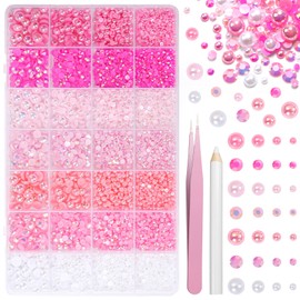 Pearls and Resin Rhinestones for Crafting, 28 Grids Pink Colors White Bedazzling Gems Kit 3/4/6/8mm Half Pearls, 3/4/5/6mm Jelly Resin Rhinestones for Nails Face Eyes Makeup Crafts Tumblers Bottles