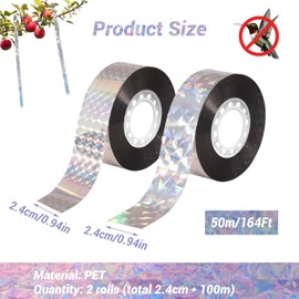 2 Pack Bird Scare Tape, Double Sided Reflective Holographic Bird Deterrent Tape, Birds Scarers for Gardens, for Pigeon Gulls Crows Starlings Swallows (2.4cm*100m)