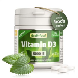 Vitamin D3, extra high dose, 5000 iU - 180 tablets, vegan. 5-day ration - for immune system, bones, muscles and teeth. Without artificial additives - laboratory tested. From Greenfood.