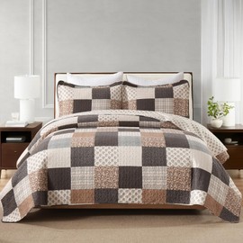 KALOOLA Plaid Quilt King Size - 100% Cotton Lightweight Quilted Bedding Set 3 Pcs, Farmhouse Botanical Bedspread with 2 Pillow Shams, Reversible Bed Coverlet for All Season, Brown/Charcoal/Gray