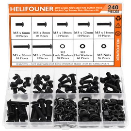 HELIFOUNER 240 Pieces M5 x 6mm /8mm /10mm /12mm /16mm /20mm /25mm, Button Head Socket Cap Screws Bolts Washers Nuts Kit, 10.9 Grade Alloy Steel, Full Threaded, Black