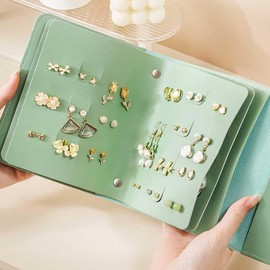 Teensery Leather Earring Organizer Book Portable Earring Ear Stud Holder Case Travel Jewelry Storage Organizer Box for Women and Girls, 1 Piece (Green)
