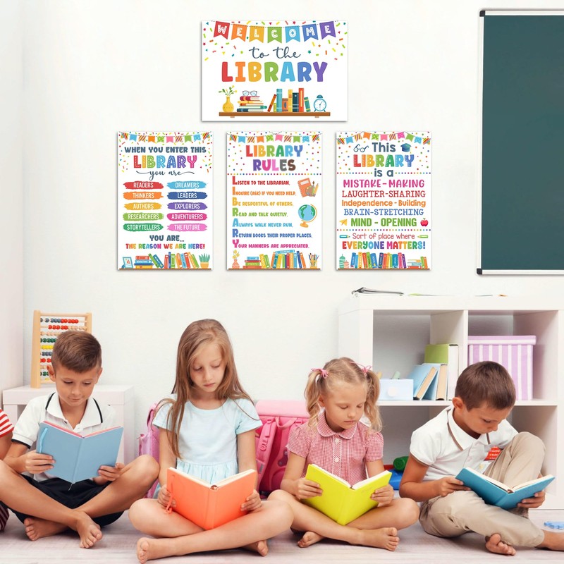 Lalunia 4 Pcs Library Rules Poster (11"x16") - Classroom Library