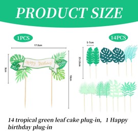 QFEHTHSK 14 Stück Tropische Blätter-Einsätze, 1 Stück Happy Birthday-Banner-Einsatz, Geburtstagskuchen-Dekorationen, Tropische Party-Dekorationen, Cupcake-Palmblatt-Einsätze