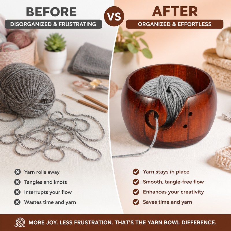 Wooden Yarn Bowl for Crochet & Knitting – Portable Pine