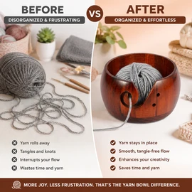 Wooden Yarn Bowl for Crochet & Knitting – Portable Pine Yarn Holder with Lid and Guide Holes for Home Projects