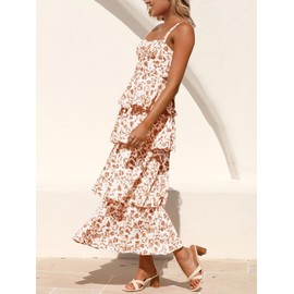 Fisoew Womens Floral Maxi Dresses Spaghetti Strap Casual Sleeveless Ruffle Flowy Tiered Dress Brown