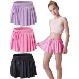 3 Pack Girls Flowy Shorts with Spandex Liner 2-in-1 Youth Butterfly Skirts for Fitness, Running, Sports (Set 16, Youth Medium)