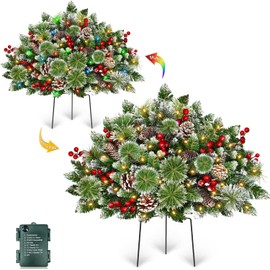 2 Pack 4 Ft Artificial Christmas Entrance Tree in Fake Wooden Box Base with 60 LEDs Warm White Light Timer Waterproof Battery Box Operated 140 Branches 14 Pinecone 12 Berries Xmas Decor for Door Porch