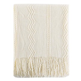 Battilo 100% Acrylic Knit Throw Classic Knitted Throw Blankets for Couch Chair Sofa, 50 x 60 Inch, Soft Warm Lightweight (Cream)