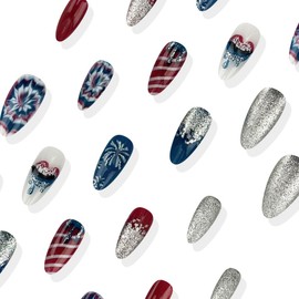 4th of July Press on Nails Short Almond Independence Day Fake Nails with Red Blue Glitter Fireworks Design Fireworks Glue on False Nail Patriotic Lips French Tip Artificial Stick on Nail for Women