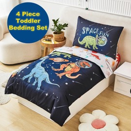 URBONUR 4 PCS Toddler Bedding Set for Boys Cartoon Galaxy Space Dinosaur Printed Toddler Comforter Set with Sheets Sets Ultra Soft Bed in a Bag 2-6 Year Old Kids Bedding Set