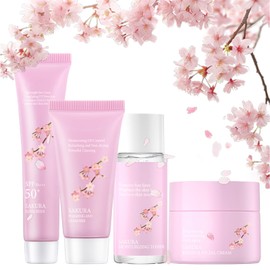 Soleneva Sakura Skincare Set, Skin Care Set with Sun Cream, Face Cleanser, Toner, Face Cream, Skin Care Set for Face Care, Women, Gifts for Travellers, Set of 4